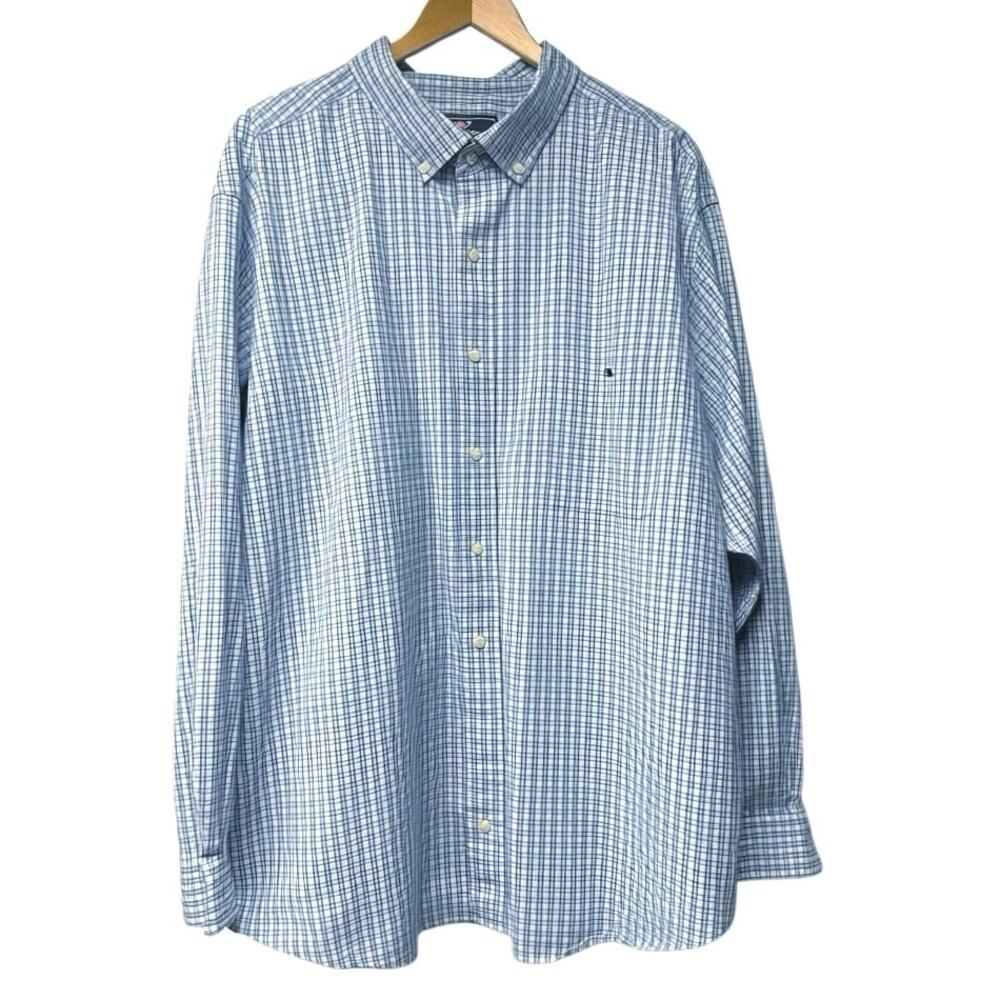 Vineyard Vines Classic Fit Tucker Shirt 2X Big Blue White Plaid Check Preppy